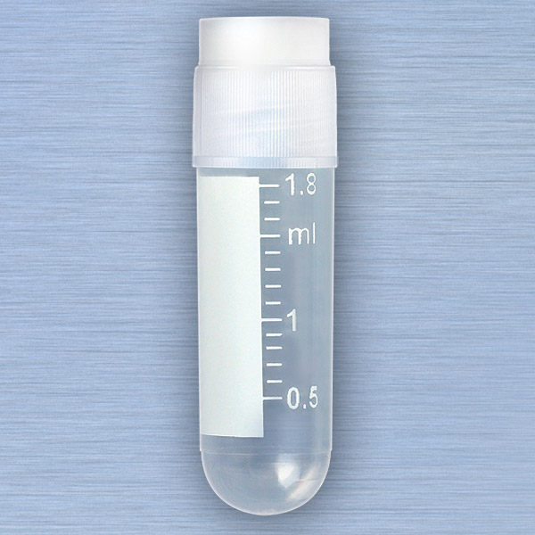 Globe Scientific  CryoCLEAR vials, 2.0mL, STERILE, External Threads, Attached Screwcap with Co-Molded Thermoplastic Elastomer (TPE) Sealing Layer, Round Bottom, Printed Graduations, Writing Space and Barcode, 50/Bag cryogenic vials; cryogenic tubes; storage tubes; sterile tubes; cryogenic